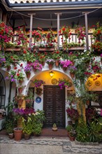 Entrance door and archway in courtyard decorated with flowers