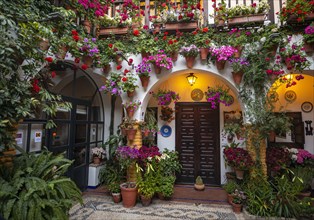 Entrance door and archway in courtyard decorated with flowers