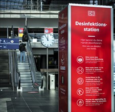 Deutsche Bahn disinfection stand at the entrance to Berlin Central Station