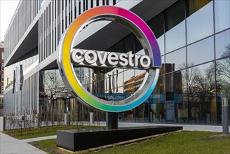 Logo of the plastics company Covestro in front of the company headquarters at Chempark Leverkusen