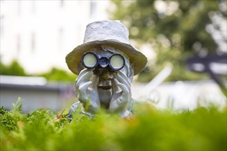 Human figure with hat and binoculars looking over a hedge