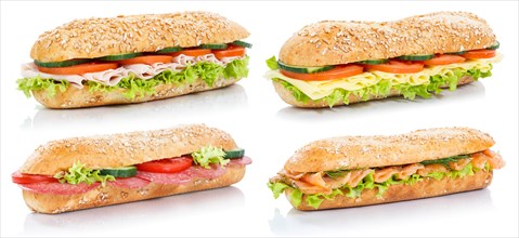 Collection Baguette Rolls Topped with Ham Salami Cheese Salmon Fish Sandwich Fresh cut out cut out Isolated