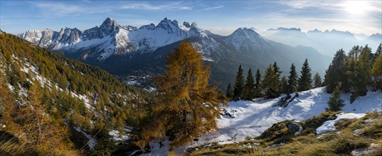 Autumn landscape with mountain peaks of the Dolomites
