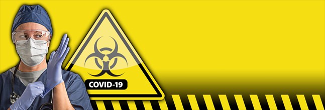 Banner of doctor or nurse wearing protective equipment and coronavirus COVID-19 bio-hazard warning sign behind