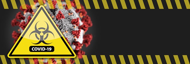 Banner of coronavirus COVID-19 bio-hazard warning sign with virus illustration behind