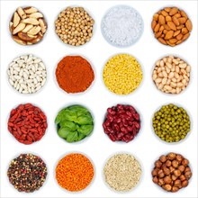 Herbs and spices vegetables collection nuts from above cutout on a white background