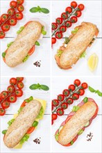 Baguette wholemeal roll collage ham salami cheese fish from above on wooden board