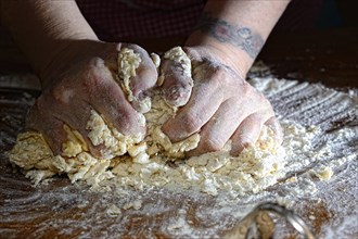 Woman hands kneading fresh pasta dough