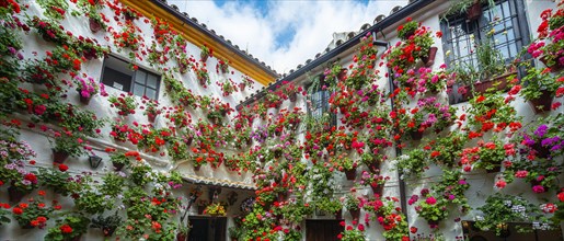 Many red geraniums in flower pots on the house wall