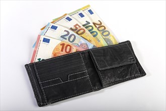 Various euro banknotes in black leather wallet