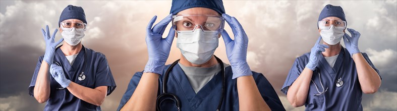 Set of doctors or nurses wearing personal protective equipment over ominous clouds