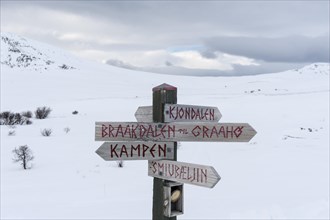 Sign with signposts for hikers in winter