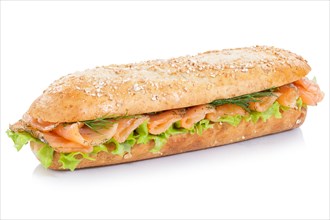 Roll sandwich wholemeal baguette topped with salmon fish exempted exempted isolated