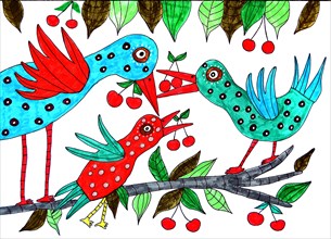 Three colorful birds with cherries