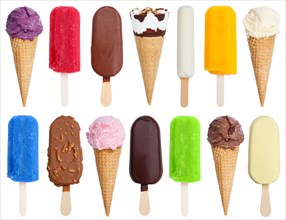 Popsicle water ice collection chocolate ice cream summer isolated cropped on a white background