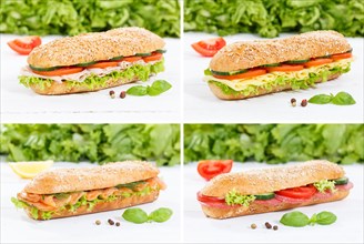 Baguette wholemeal roll collage ham salami cheese fish on wooden board
