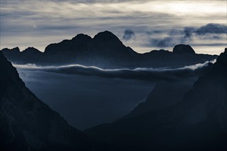 Mountain top of the Dolomites with dramatic cloudy sky