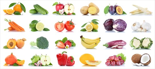 Fruit and vegetables fruits many apple tomatoes oranges garlic grapes colors cropped isolated against a white background