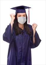 Graduating female wearing medical face mask and cap and gown cheering isolated on a white background