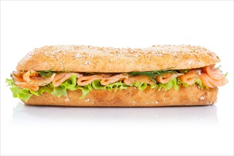 Roll sandwich wholemeal baguette topped with salmon fish side exempted exempted isolated