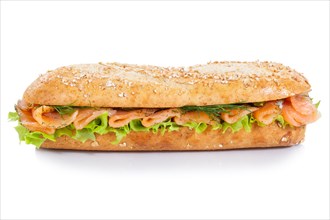 Baguette roll sandwich wholemeal with salmon fish sideways cropped cropped plate