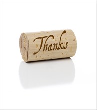 Thanks branded wine cork isolated on a white background