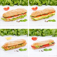 Baguette wholemeal roll collage ham salami cheese fish square on wooden board