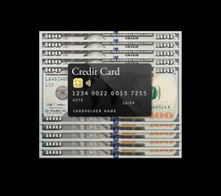 Mockup black credit card resting on one hundred dollar bills on black background