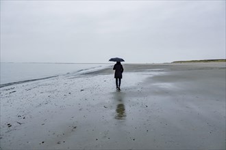 Woman with umbrella walking on the beach in rainy weather