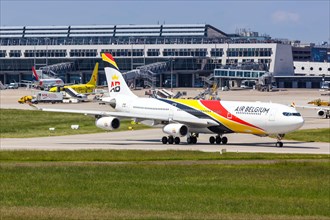 An Air Belgium Airbus A340-300 with registration number OO-ABB at Stuttgart Airport