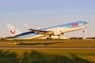 A TUI Boeing 767 with the registration G-OBYH takes off from Helsinki Airport