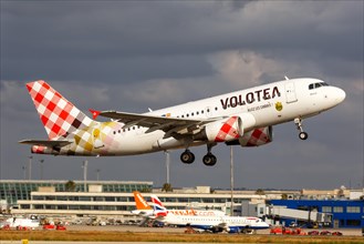 A Volotea Airbus A319 with the registration EC-MUU takes off from Palma de Majorca Airport