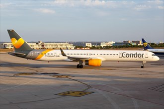 A Boeing B757-300 of Condor with the registration D-ABOJ at the airport in Palma de Majorca