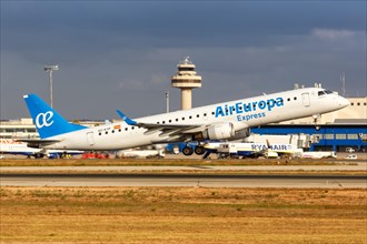 An Embraer 195 aircraft of Air Europa Express with registration number EC-KYP takes off from Palma de Majorca Airport