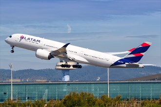 A LATAM Airlines Airbus A350-900 with the registration PR-XTD takes off from Barcelona Airport