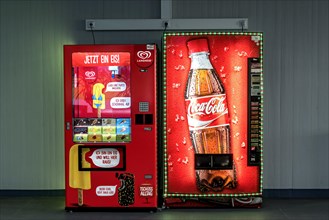 Vending machines for Langnese ice cream and Coca-Cola soft drinks in a waiting room