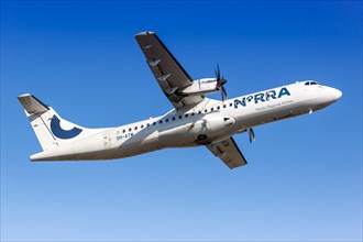 A NORRA ATR-72-500 aircraft with registration OH-ATM takes off from Helsinki Airport