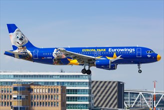 A Eurowings Airbus A320 with the registration number D-ABDQ and the special livery Europa Park lands at Stuttgart Airport