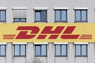 DHL logo at the DHL parcel centre Krefeld