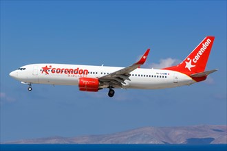 A Corendon Airlines Boeing 737-800 with registration number 9H-TJG lands at Heraklion Airport