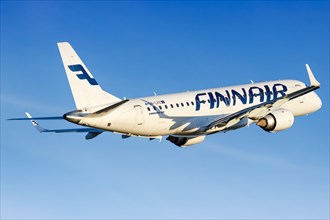 A Finnair Embraer 190 aircraft with registration OH-LKE takes off from Helsinki Airport