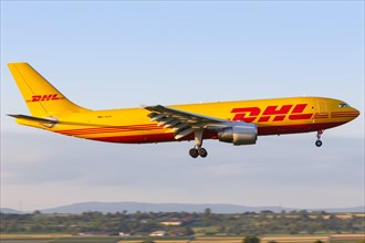 An Airbus A300-600F cargo aircraft of DHL with the registration D-AEAA lands at Stuttgart Airport