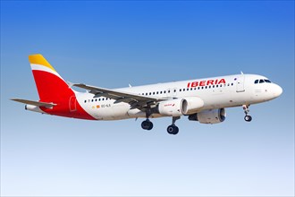 An Iberia Airbus A320 with registration EC-ILS lands at Paris Orly Airport
