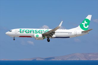 A Transavia Boeing 737-800 with the registration PH-HXB lands at Heraklion Airport