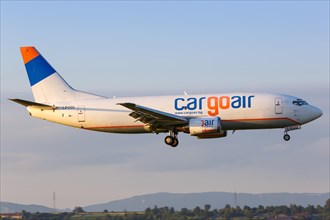 A Boeing 737-300SF of Cargoair with the registration LZ-CGQ lands at Stuttgart Airport