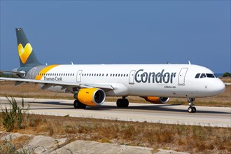 An Airbus A321 aircraft of Condor with registration D-AIAH at Rhodes airport