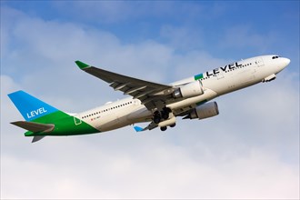 A Level Airbus A330-200 with the registration EC-MOY takes off from Barcelona Airport