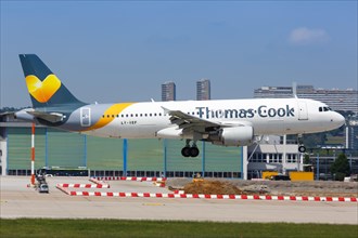 A Thomas Cook Airbus A320 with registration LY-VEF lands at Stuttgart Airport