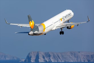 A Condor Airbus A321 aircraft with registration D-ATCD takes off from Sitia Airport