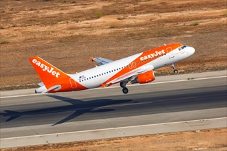 An EasyJet Airbus A319 with the registration OE-LQX takes off from Palma de Majorca Airport